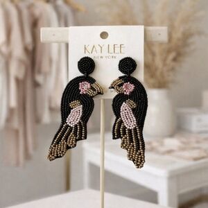 Kay Lee Black Beaded Bird Earrings New